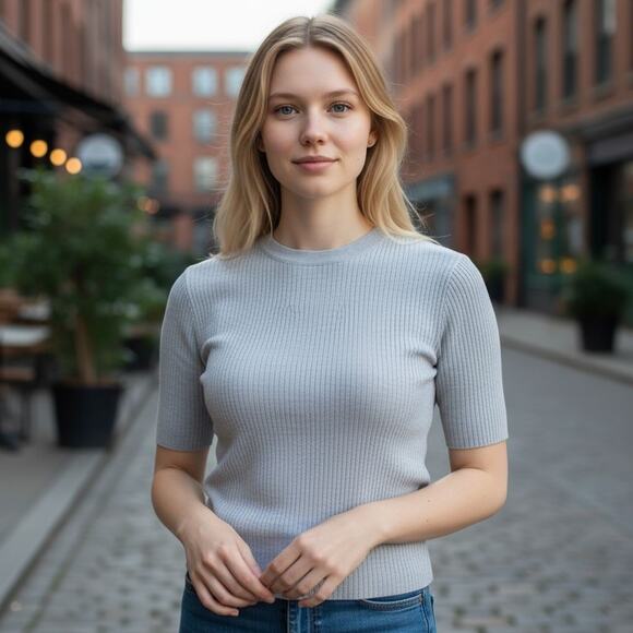 Cashmere Ribbed Knit Sweater Top HOUSE of HARLOW Size M $195 Minimalist Luxe - Picture 3 of 12